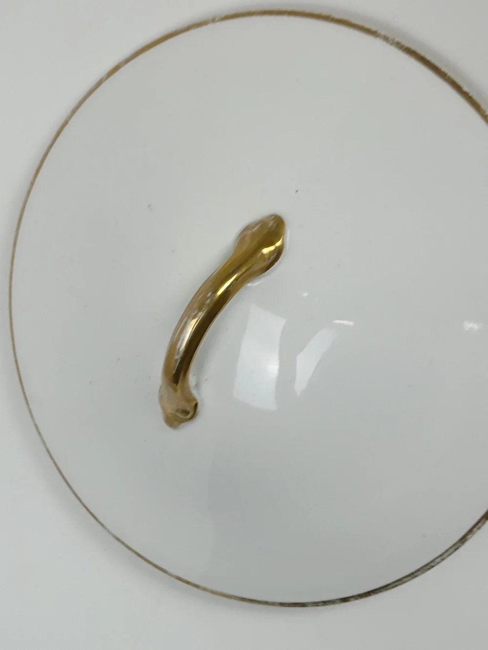 White Porcelain Covered Serving Bowl with Gold Handle